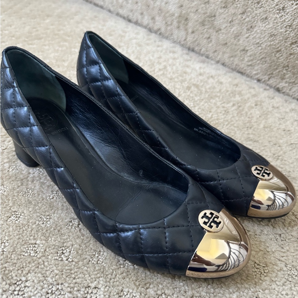 Tory Burch Black Quilted Shoes with Gold Toe Caps